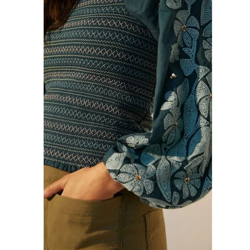 Anthropologie Boho Teal Embroidered Smocked Blouse with Puff Sleeves size Medium - Picture 8 of 10